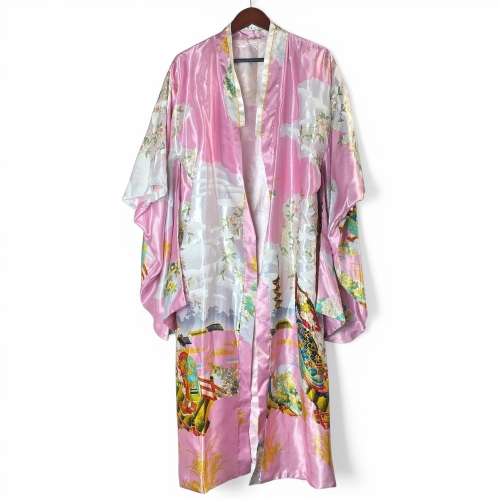 Pink Satin Kimono Robe Long Japanese Floral Print Duster Cover Up One Size